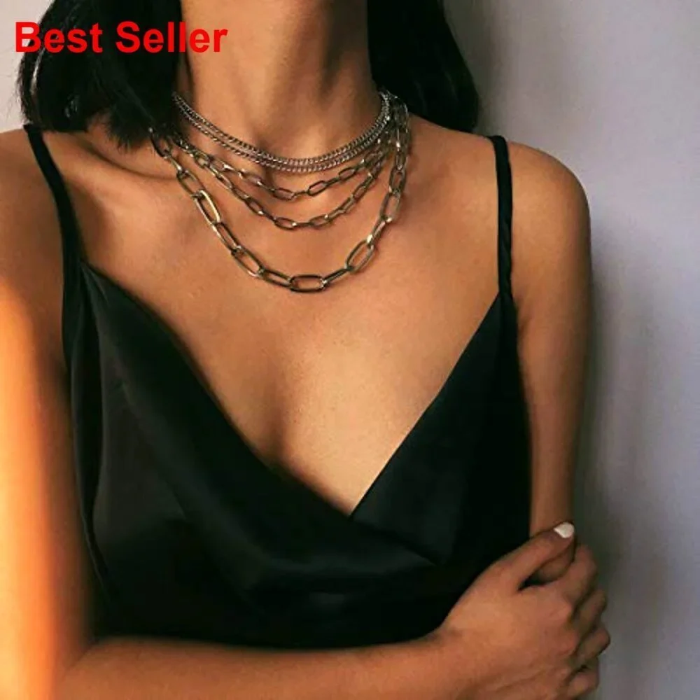 Layered Chain Necklaces Gold Plated Paperclip Chain Silver Tone Choker Punk